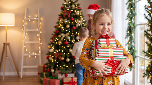 Girl holding Christmas presents in a cozy living room decorated with a Christmas tree and festive lights, family members visible in the background
