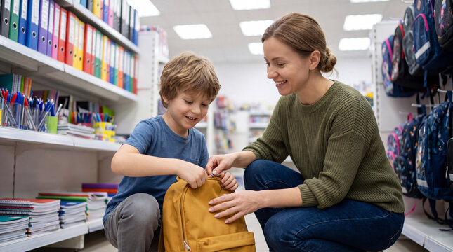 Mother and son examining a yellow backpack in a stationery store aisle filled with school supplies and colorful backpacks on shelves