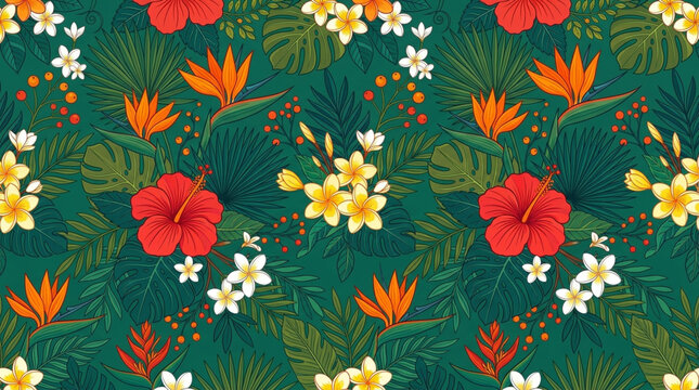 Tropical floral seamless pattern with hibiscus and frangipani flowers