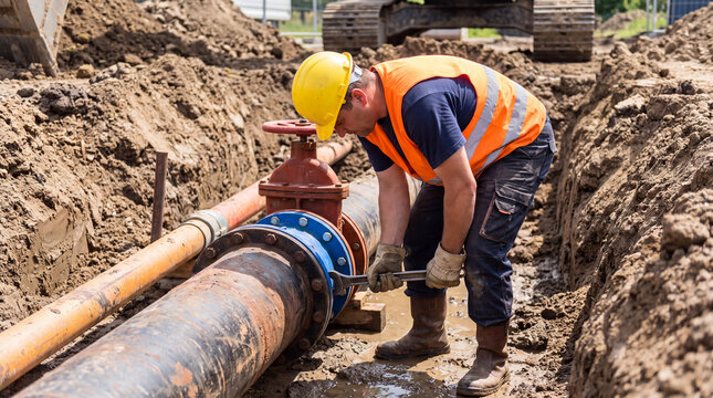 Utility worker repairing water pipeline in a trench, wearing safety gear and using a wrench to tighten a valve on a sunny day