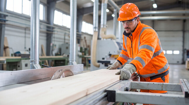 Worker in safety gear cutting wood on a saw in a well-lit industrial workshop with machinery and tools visible in the background