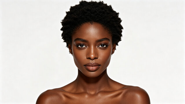 Portrait of a beautiful young Black woman with short natural afro hair and glowing skin, looking directly at the camera on a white background.