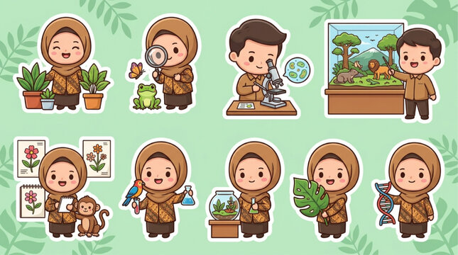 Cute Indonesian Student Sticker Set in Pramuka Uniform Engaging in Science and Nature Activities, Biology Education, Kawaii Chibi Illustration, AI Generated