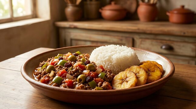 Delicious picadillo dish with white rice and fried plantains served on a rustic wooden table. Authentic Cuban recipe