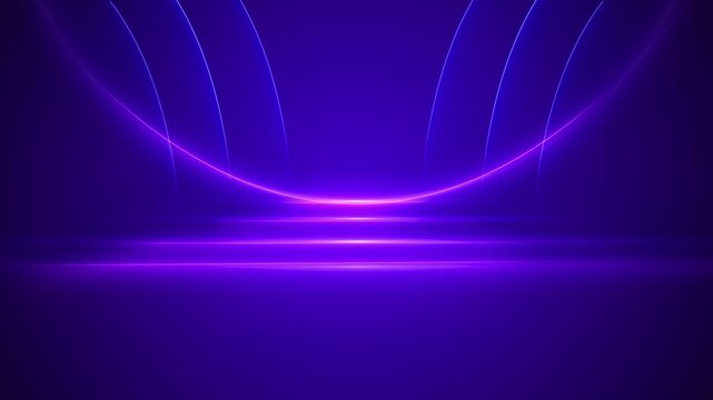Sweeping blue neon arcs luminous platform, futuristic stage with spacious central focus. product reveals, technology titles, gaming intros, virtual events, award openers, music visuals presentations.