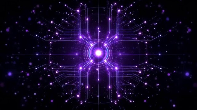 Glowing purple digital circuit board pattern with radiating light data lines