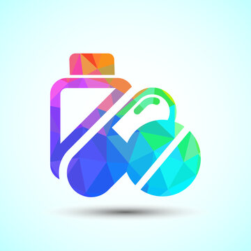 Medical bottle with pill and capsule in vibrant geometric low poly mosaic style.