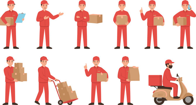 Delivery Man Character Set Wearing Red Uniform with Cardboard Boxes, Scooter, and Hand Truck for Logistics, Shipping, and E-commerce Service Designs