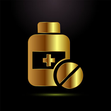 Medical bottle icon with cross symbol and pill tablet in golden gradient.