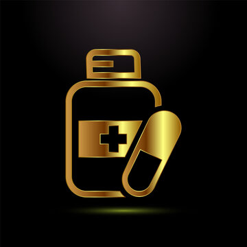 Medical bottle icon with cross symbol and capsule pill in golden gradient.