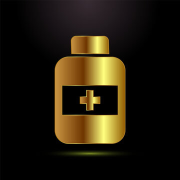 Medical bottle icon with cross symbol in golden gradient on isolated black background.