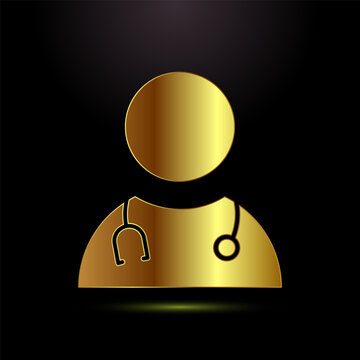 Golden doctor silhouette icon with black stethoscope outline for medical health care logo.