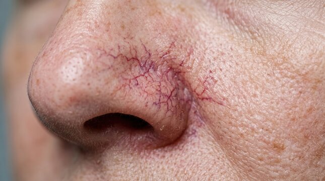 Macro photo of broken capillaries and spider veins around nose wing skin