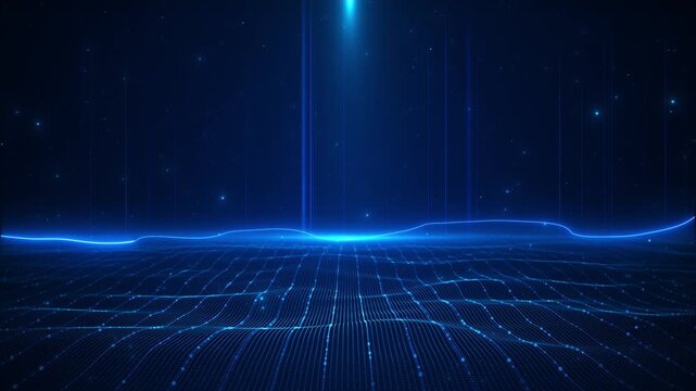 A blue data landscape runs falling light lines particles. artificial intelligence, cloud computing, digital transformation, network infrastructure, virtual reality, analytics 19 presentations.