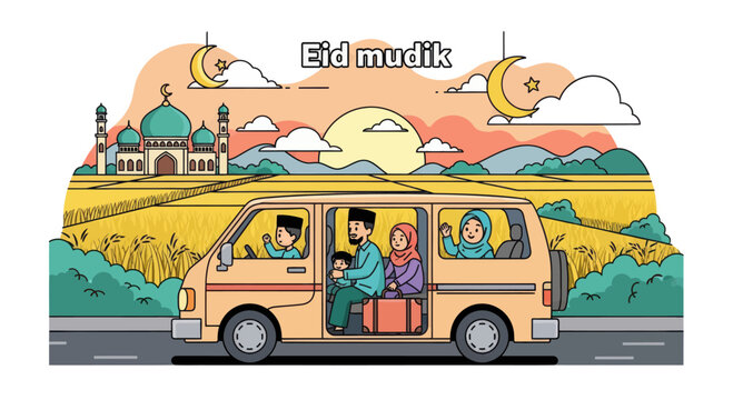 Family traveling in a van for Eid Mudik homecoming