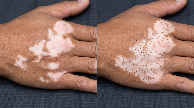 Side by side visual comparison of vitiligo skin pigmentation repigmentation progress