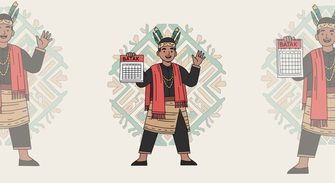 Man in Batak traditional dress holding a calendar illustration