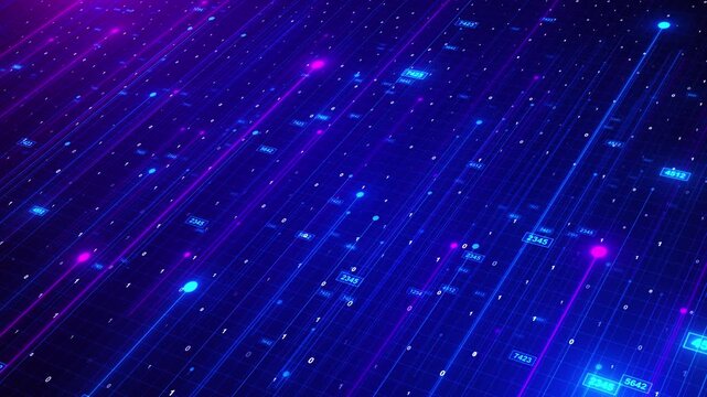 Blue binary digits stream perspective grid nodes trails data network. coding, cybersecurity, artificial intelligence, analytics, encryption, financial 19, software presentations backgrounds.