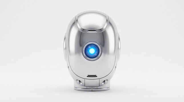 Futuristic polished chrome robot head with single glowing blue optical eye isolated on white background