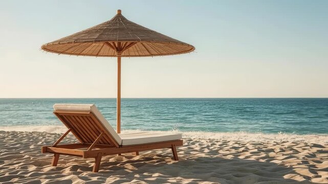 Wooden Lounge Chair Beach Umbrella Beside Calm Ocean Shore with Sandy Coast Sunlight