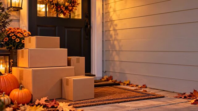 Stacked parcels delivered to home doorstep in autumn, e-commerce logistics concept with copy space