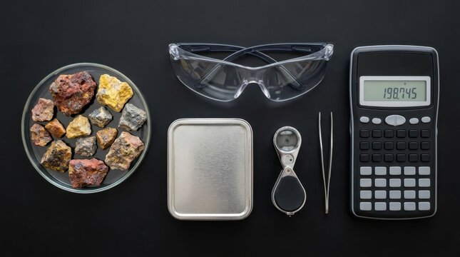 Knolled arrangement of rare earth ore chips safety glasses calculator magnifying loupe and metal sample tin on a black tabletop