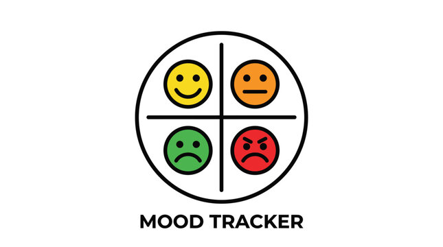 Minimalist vector graphic illustration showing a circular mood tracker interface with four distinct colorful emoji faces