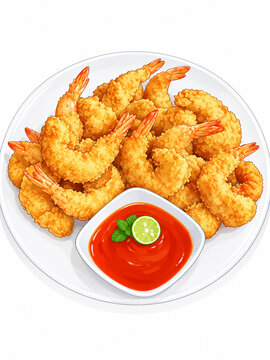 Crispy fried breaded shrimp ebi furai with chili dipping sauce illustration