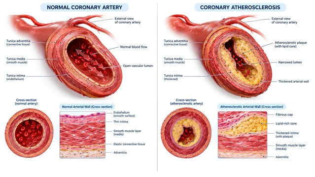 Professional 3D medical pathology illustration comparing normal coronary artery and atherosclerosis, showing arterial wall layers, plaque buildup, lipid core, fibrous cap, and lumen narrowing clearly.
