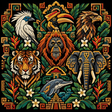 Aztec Nusantara Wildlife &ndash; Geometric Tropical Animal Vector