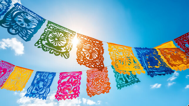Colorful papel picado decorations against bright blue sky