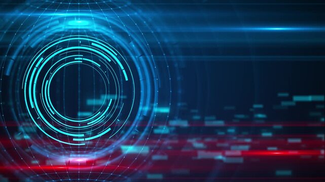 4K HUD turns digital grid data lines geometric network details cross technology background. cybersecurity, analytics, artificial intelligence, radar scanning software interfaces science fiction titles