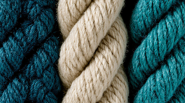 Close up of three different colored ropes twisted together creating a textured pattern