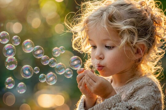 A little girl blowing a dandelion into magical bubbles