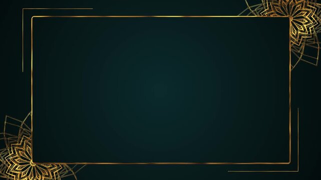 Elegant gold frame dark green text area, geometric ornaments corners. luxury invitations, wedding titles, award announcements, Ramadan greetings, Eid celebrations premium brand presentations.