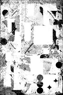 Glitch distorted grungy isolated layers . Design element for brochure, social media, posters, flyers. Overlay texture.Textured banner with Distress effect .Vector halftone dots . Screen print texture