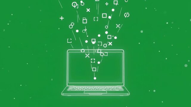 Laptop illustration featuring floating data symbols and icons emerging upward against a vibrant green backdrop.