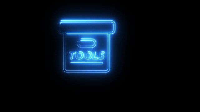 Blue neon tool box icon pulsing on black background for maintenance concept animation footage