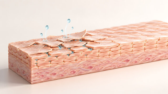 Three dimensional dry skin cross section with cracked surface and moisture escaping upward, representing transepidermal water loss, dehydration and skin barrier damage.