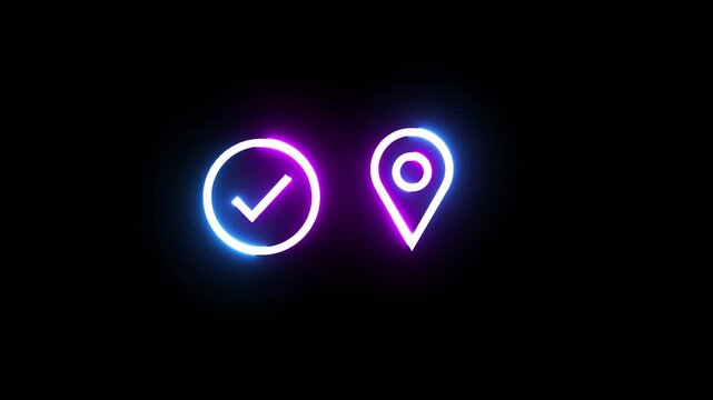 Checkmark and map pin neon icons glowing with blue and purple light on black background