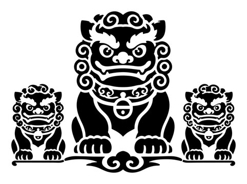 Chinese guardian lion foo dog statues with two cubs in traditional silhouette style