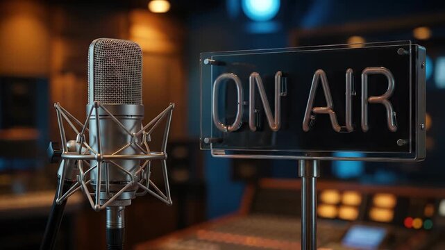 Voice studio atmosphere: on air, podcast show, audio record, microphone equipment, live stream, digital audio, create content, broadcasting light, control panel.