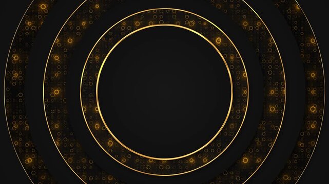 Black gold circular layers wide center, glowing bubbles metallic edges. luxury branding, award titles, product showcases, jewelry advertising, anniversary videos, gala events elegant presentations.