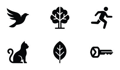 Fototapeta premium Simple Black Icons: Bird, Tree, Runner, Cat, Leaf, Key, Vector Graphics for Design