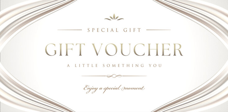 Luxury pearl white gift voucher template design with smooth silk wave frame for coupon certificate and invitation card