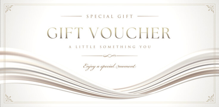 Luxury pearl white gift voucher template design with smooth silk wave frame for coupon certificate and invitation card