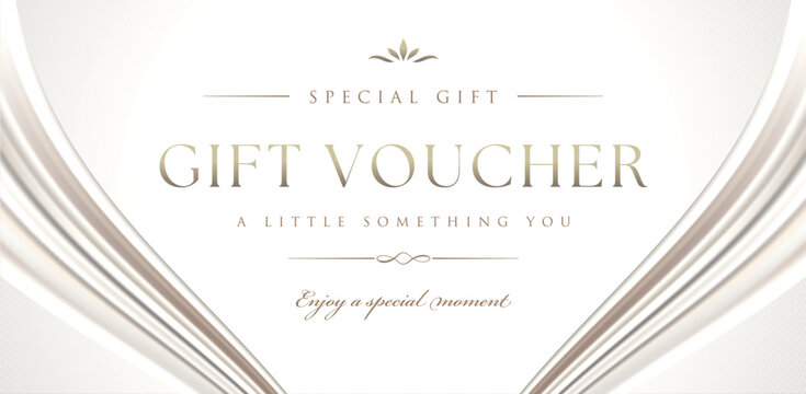 Luxury pearl white gift voucher template design with smooth silk wave frame for coupon certificate and invitation card