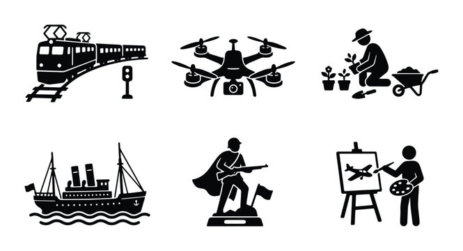 Transportation Icons: Train, Drone, Ship, Soldier, Gardener, Artist Vector Set