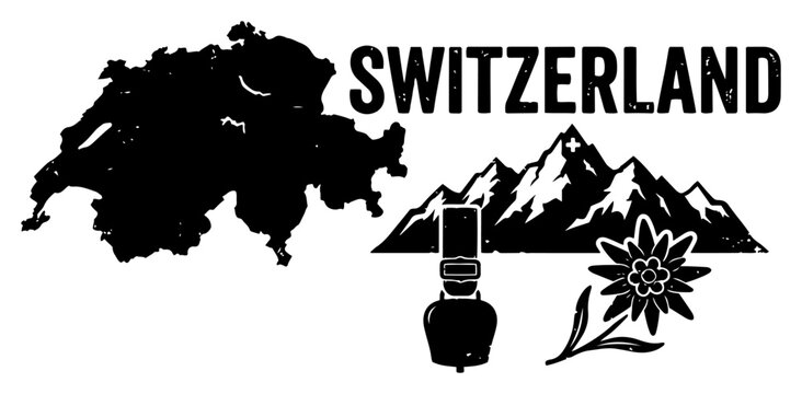 Switzerland country map with Swiss Alps cross peak edelweiss flower and traditional cowbell in vintage silhouette style