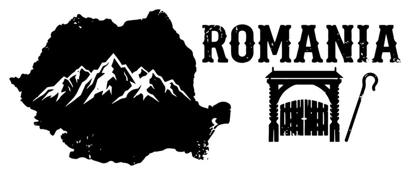 Romania map silhouette featuring Carpathian mountains and traditional wooden gate in vintage grunge style